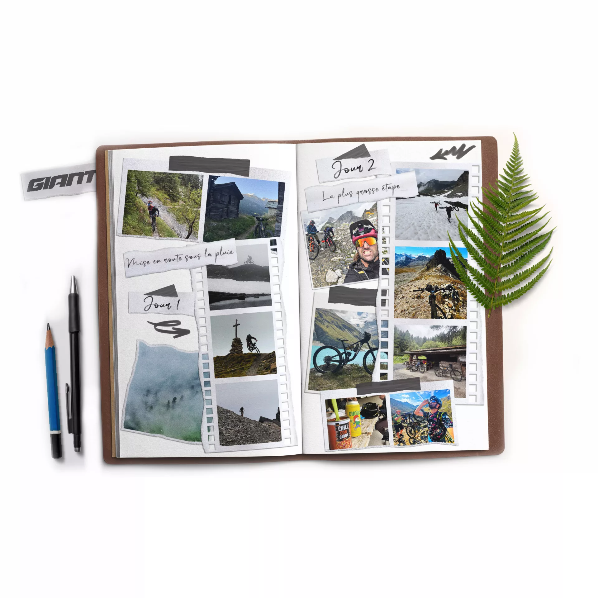 Direction artistique, design éditorial, carnet de voyage, mise en page, storytelling visuel, identité de marque, Giant, cyclisme, vélo, rider, ambassadeur de marque, aventure, outdoor, illustration, croquis, photographie, publication imprimée, édition, graphisme, narration, branding, composition, création graphique, magazine, expérience utilisateur, voyage, sport, lifestyle, print design. GIANT - GIANT FRANCE