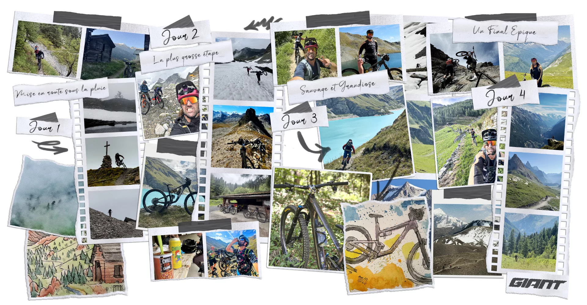 Direction artistique, design éditorial, carnet de voyage, mise en page, storytelling visuel, identité de marque, Giant, cyclisme, vélo, rider, ambassadeur de marque, aventure, outdoor, illustration, croquis, photographie, publication imprimée, édition, graphisme, narration, branding, composition, création graphique, magazine, expérience utilisateur, voyage, sport, lifestyle, print design.