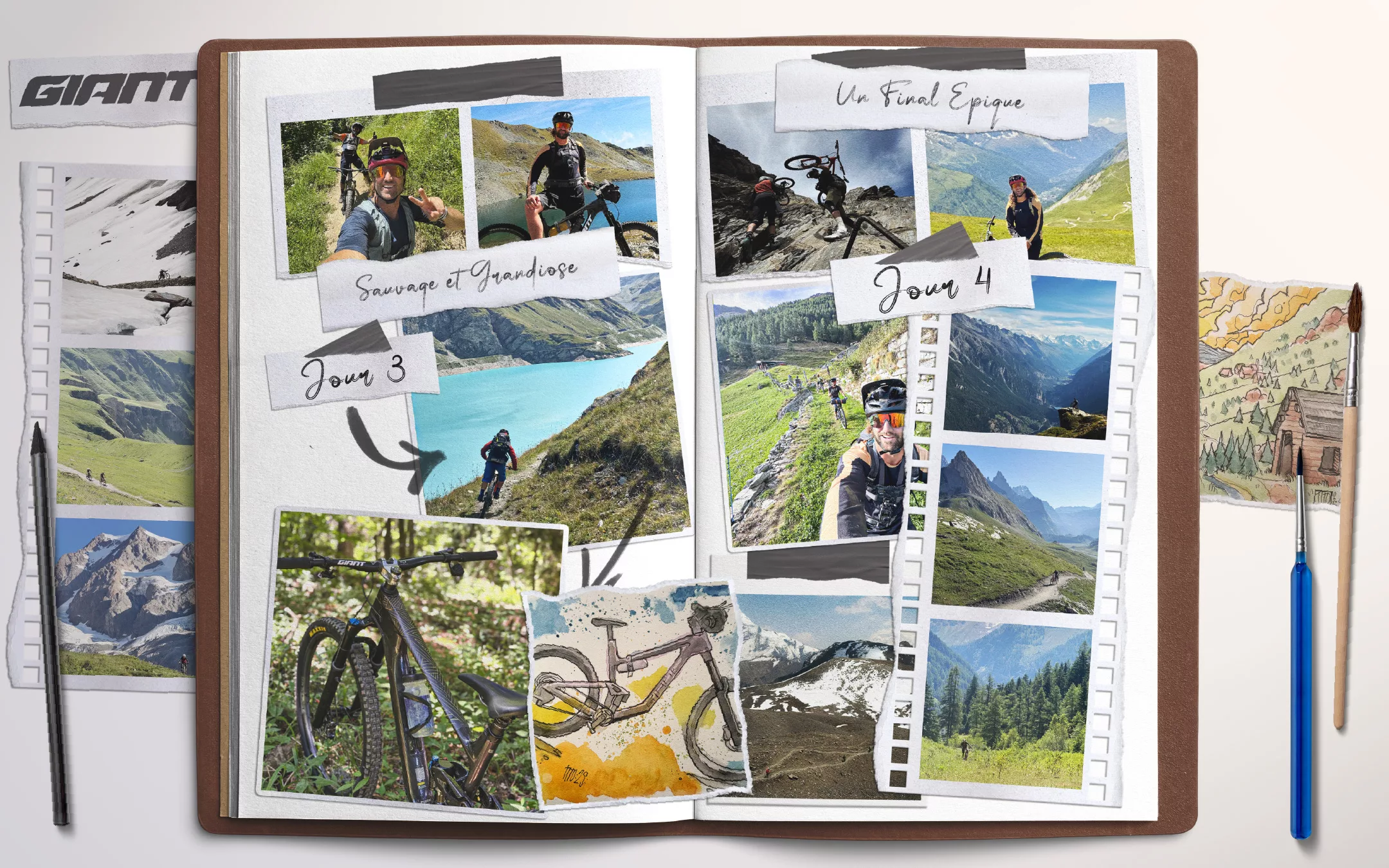 Direction artistique, design éditorial, carnet de voyage, mise en page, storytelling visuel, identité de marque, Giant, cyclisme, vélo, rider, ambassadeur de marque, aventure, outdoor, illustration, croquis, photographie, publication imprimée, édition, graphisme, narration, branding, composition, création graphique, magazine, expérience utilisateur, voyage, sport, lifestyle, print design.