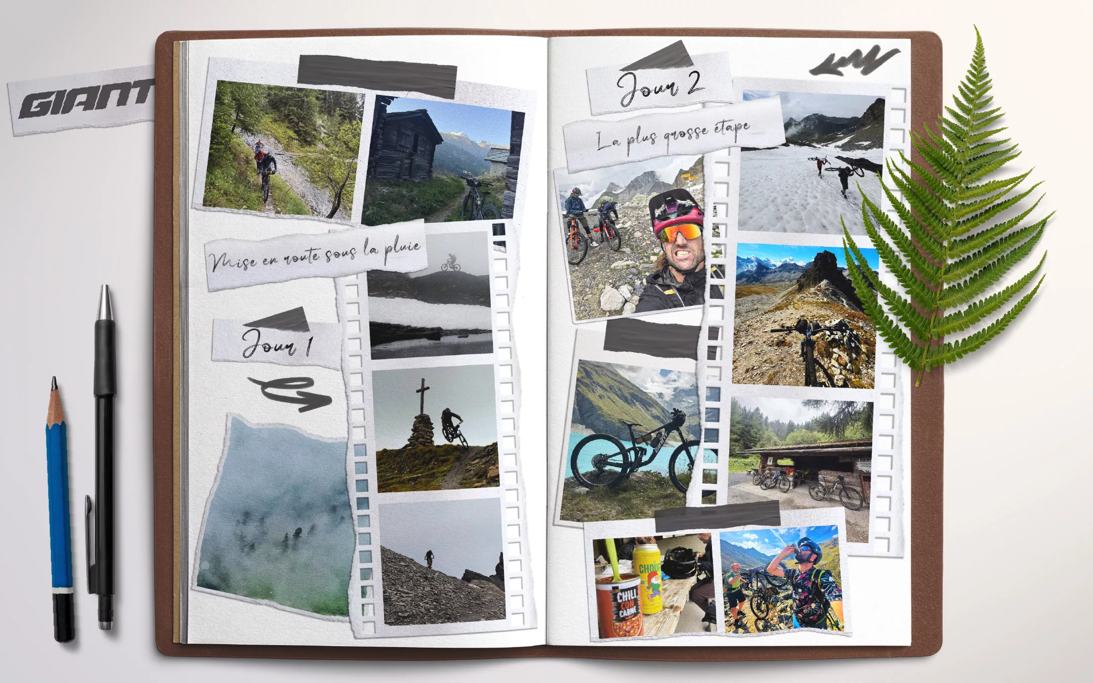 Direction artistique, design éditorial, carnet de voyage, mise en page, storytelling visuel, identité de marque, Giant, cyclisme, vélo, rider, ambassadeur de marque, aventure, outdoor, illustration, croquis, photographie, publication imprimée, édition, graphisme, narration, branding, composition, création graphique, magazine, expérience utilisateur, voyage, sport, lifestyle, print design.