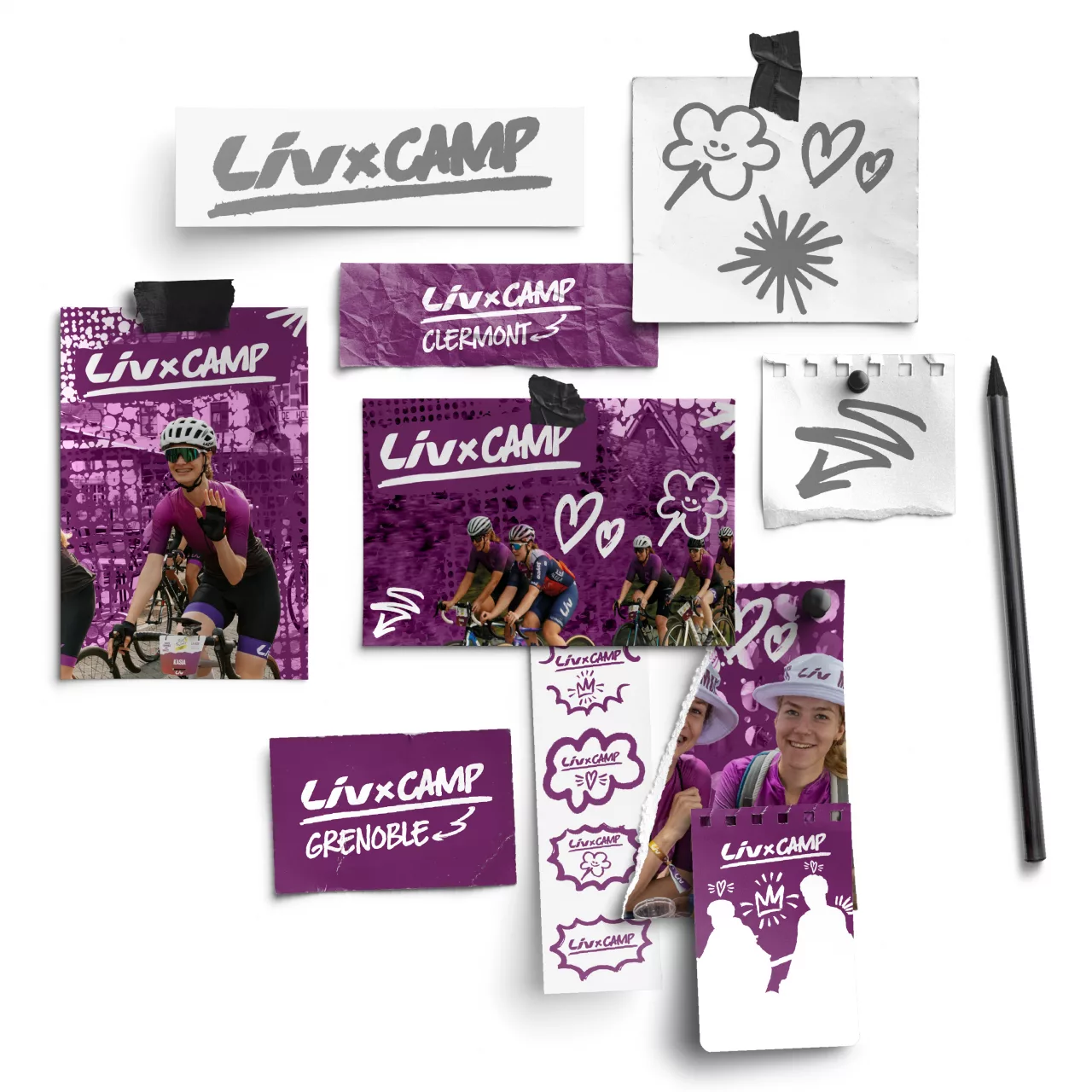 Branding complet du LIV Camp : identité visuelle, logo, pictogrammes et supports de communication.
