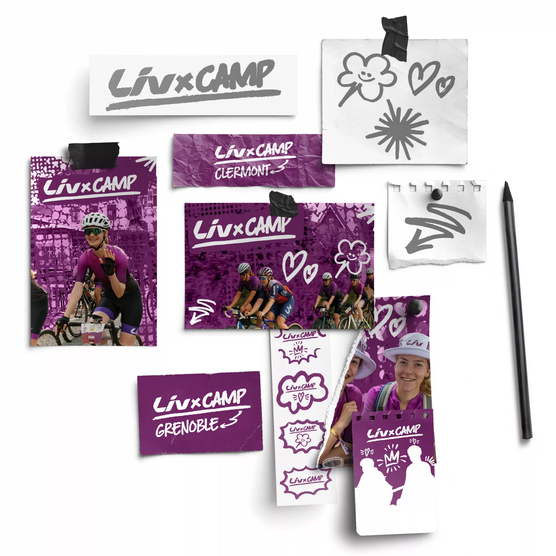 Branding complet du LIV Camp : identité visuelle, logo, pictogrammes et supports de communication.