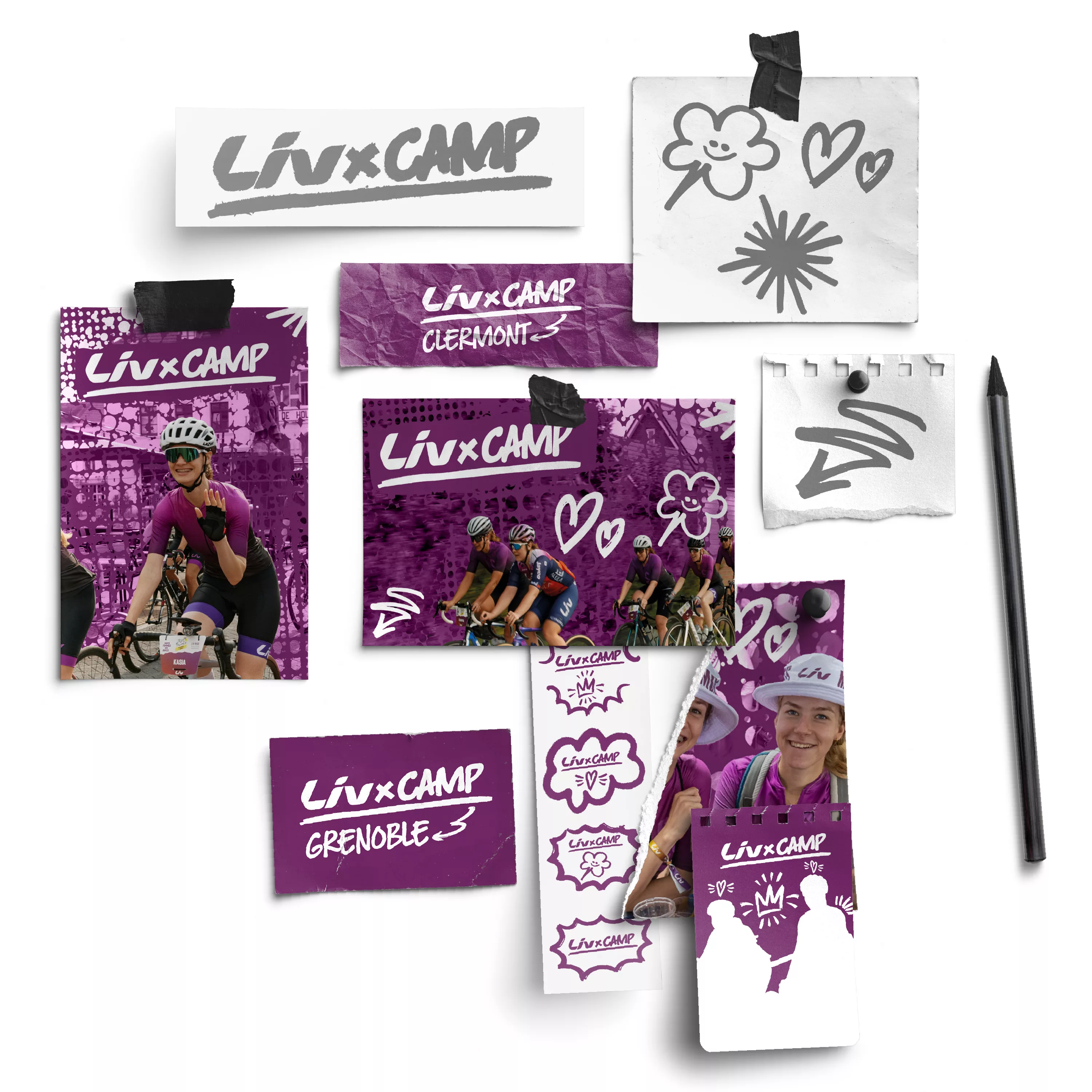 Branding complet du LIV Camp : identité visuelle, logo, pictogrammes et supports de communication.